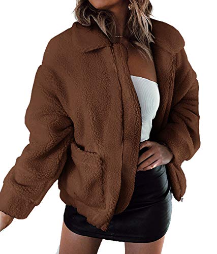 PRETTYGARDEN Women's Fashion Long Sleeve Lapel Zip Up Faux Shearling Shaggy Oversized Coat Jacket with Pockets Warm Winter