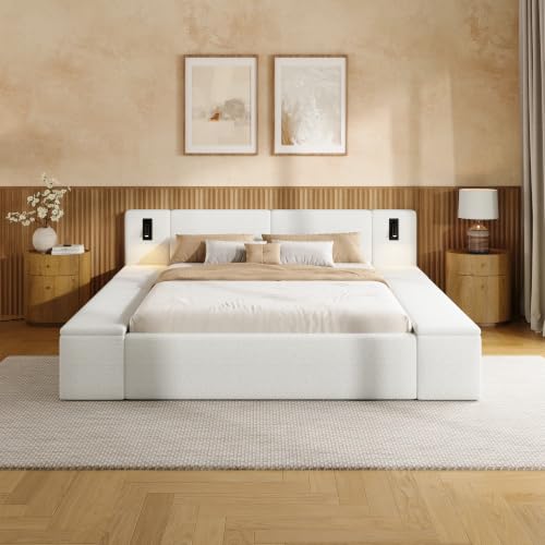 modern Queen Upholstered Platform Bed with Padded Headboard and LED, White
