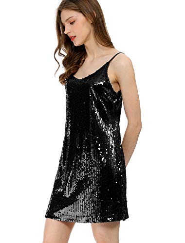 Allegra K Women's Halloween Glitter Sequin V Neck Spaghetti Strap Mini Party Dress Clubwear Small Black #TOP3