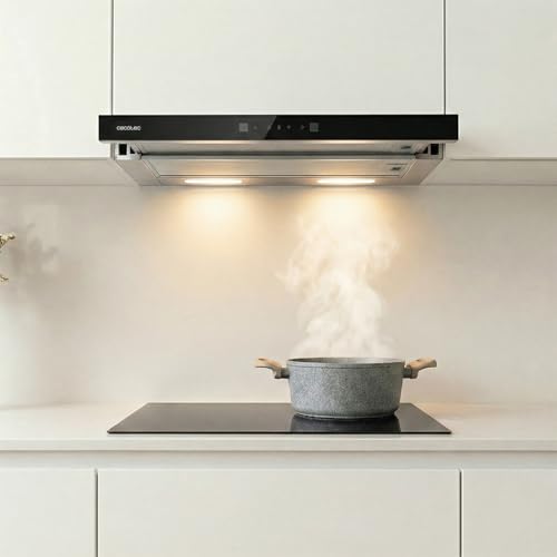 Cecotec Dunstabzugshaube Bolero Flux TLT 605501 Glass Black A++. 60 cm, Glasfront schwarz, 606,4 m³/h, BLDC-Motor, 3 Stufen + Booster, Gestensteuerung, LED, 5-lagige Alufilter, Carbonfilter