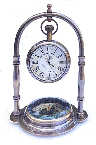 Aladean Brass Table Clock With Compass | Desk Watch - Decorative Shelf Clock Vintage Table Top Decorative Gift #TOP8