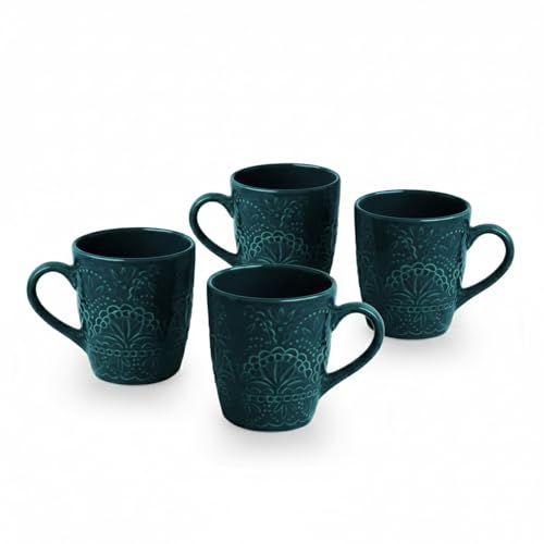Image of ExclusiveLane 'Teal Forest' Ceramic Coffee Mugs Set of 4 (Set of 4, Each Mug : 180 ml, Microwave & Dishwasher Safe, Hand-Glazed) | Ceramic Mugs for Coffee Cup Tea Mug & Cup Mugs for Milk