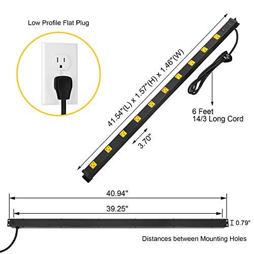 Suraielec 10 Outlet Long Power Strip Surge Protector, Industrial Heavy Duty Metal Shop Power Strip With Flat Plug, 1000 Joules, 15 Amp Breaker, 6Ft Cord, Wall Mountable, For Work Bench, Shop, Garage #TOP6