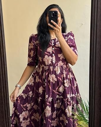 Image of Women's Rayon Floral Printed Midi Dress Short One Piece