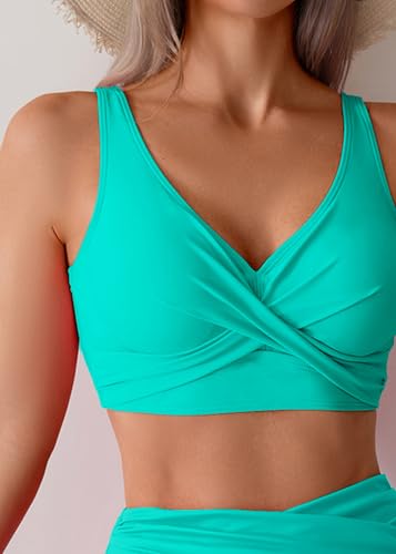 Fanuerg Women High Waisted Bikini Sets V Neck Cross Twist Front Two Piece Swimsuit Tummy Control Bathing Suit4