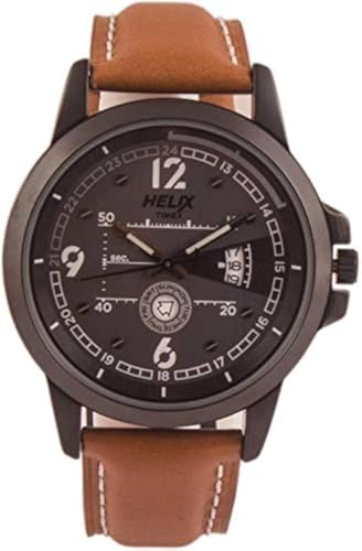 Helix by Timex Analog Watch for Man with Grey Round Dial & Brown Leather Strap Band Water Resistant Men's Wrist Watches - TW023HG14