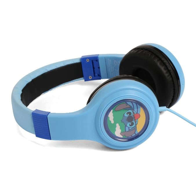 Disney Classics Stitch - Auriculares estéreo para niños, control de volumen seguro, súper cómodos, color azul claro