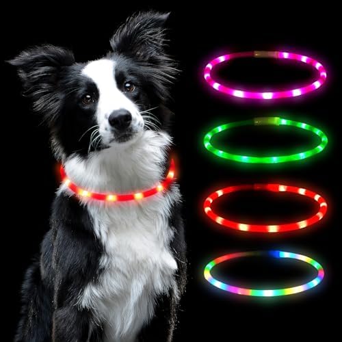 AUAUY LED Leuchthalsband Hund, Längenverstellbarer, Silikon, 4 Modus, Rot | Haustier Sicherheit Kragen, USB Aufladbar, Zuschneidbares, Wasserdicht Leuchthalsband, für Hunde und Kat
