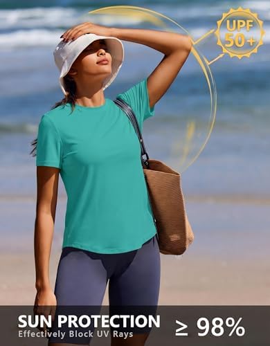 PINSPARK Workout Tops for Women Sun Protection Shorts Sleeve Quick Dry Tops Lightweight Athletic Shirts for Hiking Yoga,Teal Medium — view 4
