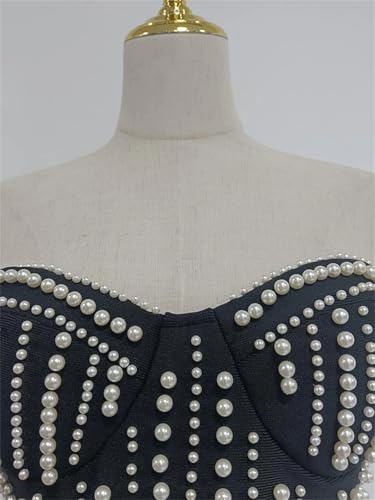 Women Solid Spliced Pearl Slimming Slash Neck Sleeveless High Waist Patchwork Chain Dress2