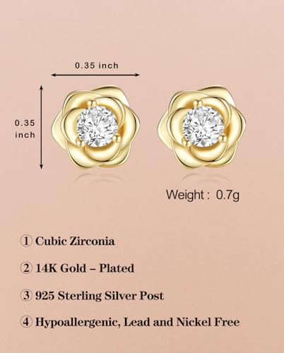 Rose Flower Gold Plated Stud Earrings For Women 925 Sterling Silver Post,Cubic Zirconia Hypoallergenic & Nickel Free Jewelry3