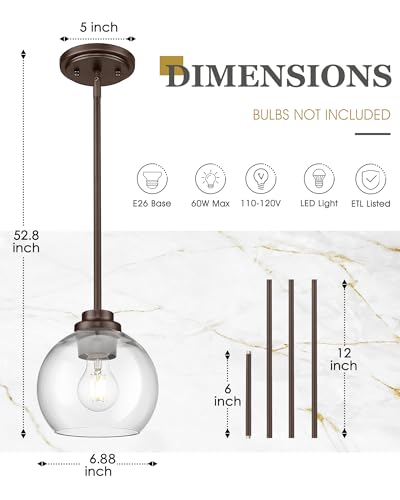 Image of Pendant Lights Kitchen Island, 7 inch Oil Rubbed Bronze Hanging Lights Fixtures with Clear Glass Globe Shade, Modern Kitchen Island Lighting for Bathroom, AD-22280-1P-ORB