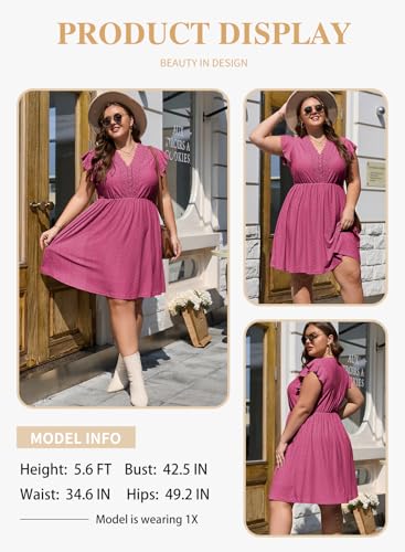 Image of Eytino Women Plus Size Summer Dresses Lace V Neck Ruffle Sleeve Mini Short Dress