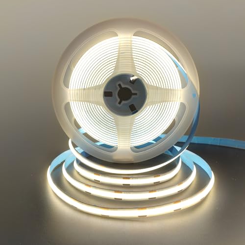 Image of 12V DC COB LED Strip Lights with Remote Dimmable Switch (No Power Supply),16.4FT /5M,Natural White 4000K,320LEDs /M,8mm Width,Not Waterproof IP20,for DIY Home Indoor Decoration