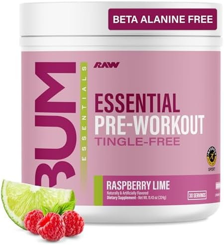 RAW Essential Tingle-Free Pre Workout Powder - Preworkout Without Beta-Alanine for Clean Energy & Focus - Workout Supplement with 200mg of Natural Caffeine - Raspberry Lime - 30 Servings
