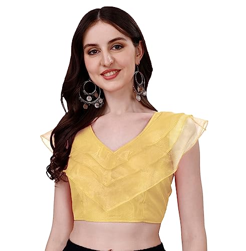 Image of Pujia Mills Women's V Neck Orgenza Three Layer Ruffle Sleeve Frill Readymade Saree Blouse
