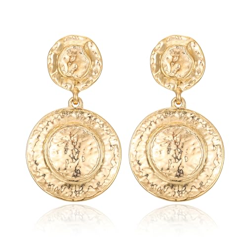 Gold Hammered Earrings for Women, Vintage Disc Earrings Drop Dangle Earrings Jewelry
