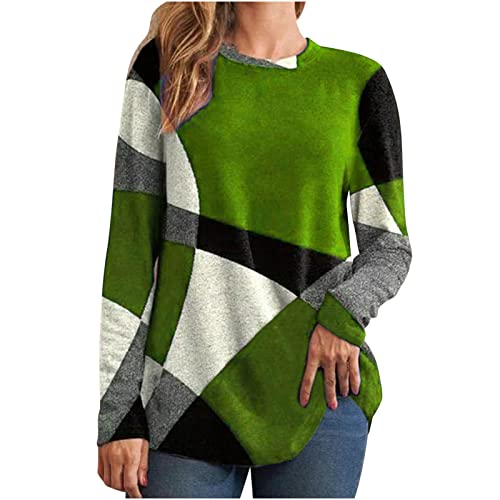 Kuluzego Womens Crew Neck Flannel T Shirts Tops Tee for Women Color Block Geometry Winter Fall Tee Shirt 2023 DX