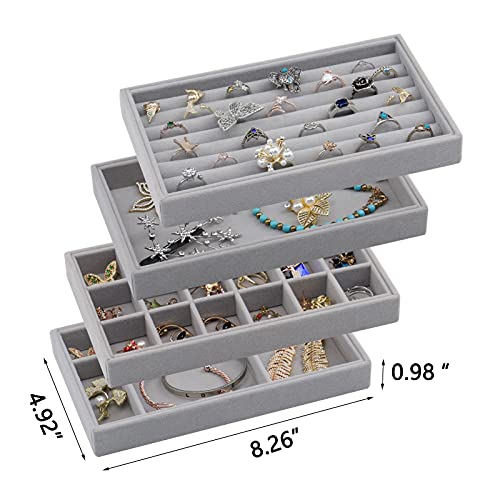 Image of Tasybox Velvet Jewelry Trays Organizer for Drawers, Small Stackable Jewelry Display Tray for Ring Earring Bangle Bracelet Necklace, Set of 4, Gray