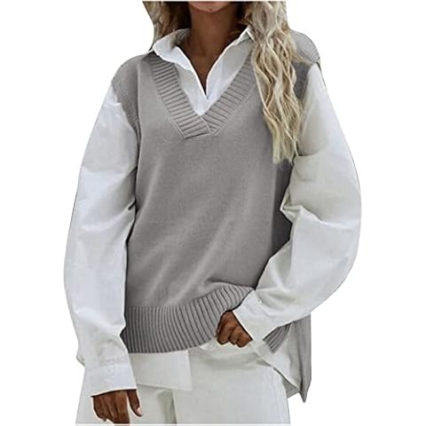 vinTIAN Sweater Vest Women Fall Basic Classic Sleeveless Knit Sweater Pullover Solid Oversized Side Slit V Neck Top Knitwear Cover