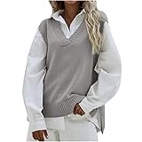 Lang Pullunder Sweater Damen Ärmellos Weste Strick V-Ausschnitt Pullunder Herbst Winter Pulloverweste Knitted Jacke Weste Pullunder Tank Tops Strickpullover Gestrickte