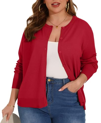 OLRIK Cardigan Sweaters for Women Plus Size Lightweight Classic Knit Crewneck Sweaters Duster Cardigans Red-3X