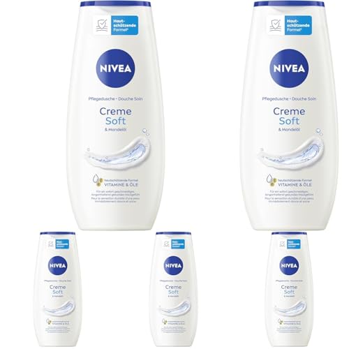 NIVEA Creme Soft Pflegedusche, Duschgel mit Vitaminen und wertvollen Ölen, feuchtigkeitsspendende und pH-hautneutrale Cremedusche mit mildem Duft (250 ml) (Packung mit 5)