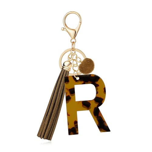 OKAICEN Brown Faux Tortoiseshell Pattern Initial Letter 'R' Keychain for Women Girls, Leopard Print Acrylic Alphabet Key Ring with Tassel & Pom Pom, Bag Charm for Car Keys Handbag Backpack Purse
