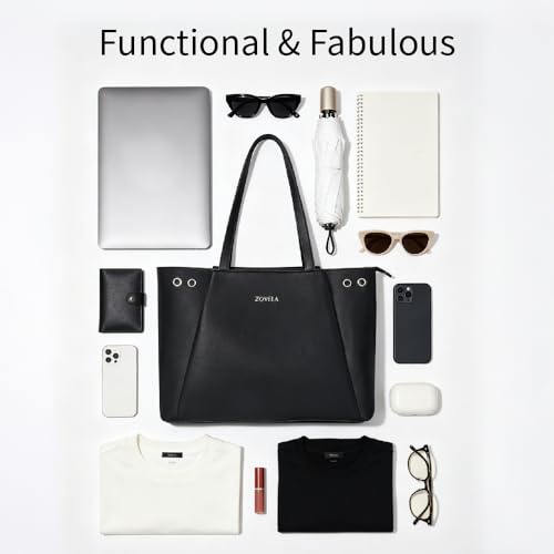 Image of Work Tote Bag for Women - Large Capacity Structured Vegan Leather Office Tote with Compartments, Professional Shoulder Purse for Business, Commute & Travel