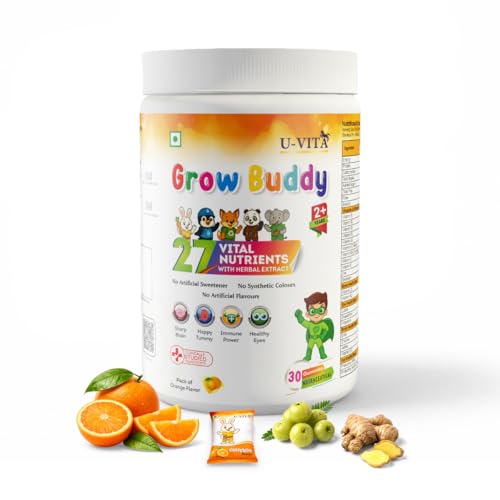 Image of U-VITA Grow Buddy Multivitamin Gummies for Kids (2+ Years) | No Added Sugar | 27 Essential Vitamins, Minerals & Pure herbal extracts | Made in India and Formulated in the UK | 30 Gummies, Orange