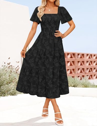Image of ZESICA Women's Summer Boho Floral Midi Dress 2026 Casual Short Sleeve Square Neck Flowy Beach Vacation Long Dress