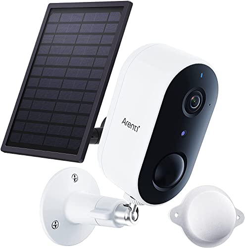 ARENTI Cámara de seguridad para exteriores 100% inalámbrica con panel solar, cámara a batería recargable de 1080P con audio bidireccional, resistente a la intemperie, detección de movimiento, White