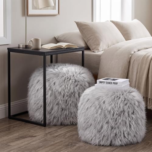 Junkin 2 Pcs 20 x 15 Fur Pouf Ottoman Unstuffed Faux Wool Round, Grey