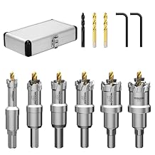 Mollom 6Pcs Hole Saw13-29mm TCT Carbide Tipped Hole Saw Kit for Hard Metal, Extra 2xTitanium & 1xStepped Pilot Drill bits and 2Pcs Hex Key for Stainless Steel, Iron,Aluminum,Alloy,Metal