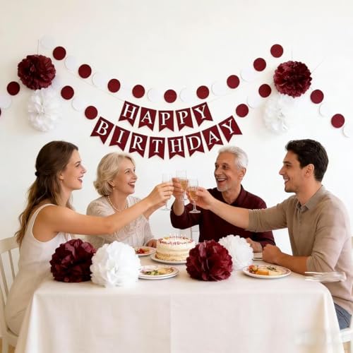 Image of 8pcs Burgundy Maroon White Birthday Hanging Party Streamers Paper Garland Tissue Paper Flower Pom Poms Bridal Shower Wedding Bachelorette Party Decorations Backdrop Supplies