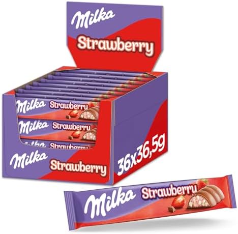 Milka Choco Erdbeer Riegel, 36,5 g (36er-Pack) | Alpenmilch-Schokolade mit feiner Milchcrème, Erdbeeren und Crispies