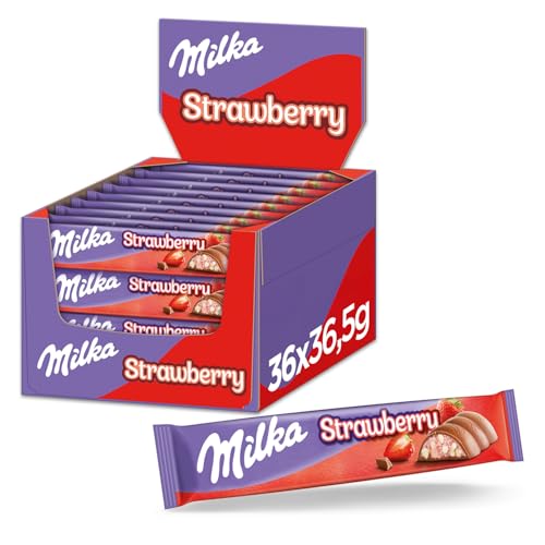 Milka Choco Erdbeer Riegel – Alpenmilch-Schokolade mit feiner Milchcrème, Erdbeeren und Crispies – 36 x 36,5g