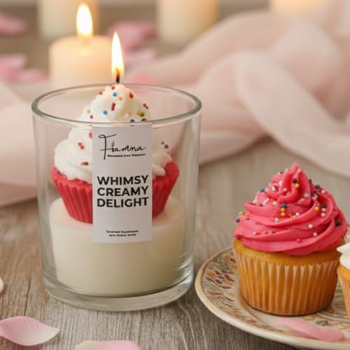 Image of Aesthetic Cupcake Scented Jar Candle | 200gm Soy Wax with Whipped Frosting | Rich Caramel Fragrance | Cute Dessert Candle for Christmas & Birthday Gifts