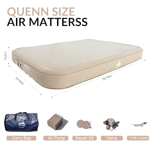 Drop Stitch Pongee Queen Air Mattress with Built-in High-Speed Pump .Ideal for Camping and Traveling .Double Height, Adjustable, Portable Air Mattress.Includes Storage Bag.600lb Weight Capacity