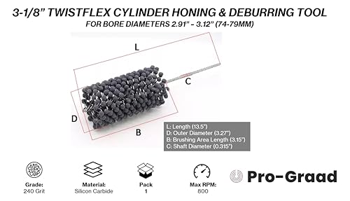 Image of 3-1 /8 inch 240 Silicon Carbide TwistFlex Cylinder Hone for 2.91 inch- 3.12 inch Bores | Flexible Cylinder Honing, Deburring, Cross-Hatch Finishing Tool for Mild Steel, Stainless, Cast Iron, Softer Ferrous Metals