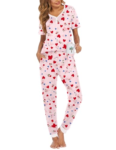 Image of Ekouaer Pajamas for Women Set 2 Piece Fall Lounge Sets Short Sleeve Pjs Joggers Long Pants Sleepwear with Pockets