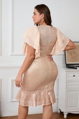 Image of VERWIN Plus Size Sequins Dress Ruffle Sleeve Midi Dress Bodycon Mermaid Hem Dress Sparkly Round Neck Prom Dress