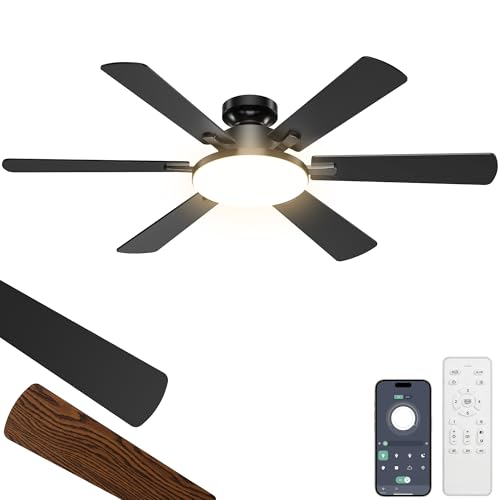 52 Inch Ceiling Fans with Lights, Upgraded 6 Blades Ceiling Fan with Light Remote, Quiet 6 Speed Reversible DC Motor, Modern Design, Flush Mount, 3CCT Dimmable LED, Double Sided for Bedroom Livingroom