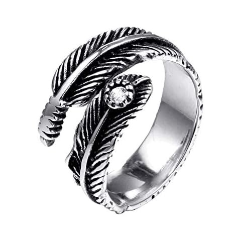 OAKKY Unisex Men's Women's 316l Stainless Steel Ring Vintage Cubic Zirconia Feather Wrap Black Silver White Size 9 Cover
