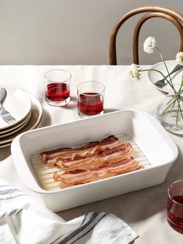 Image of LE TAUCI 9x13 Ceramic Casserole Dish with 304 Stainless Rack, 4.6 Qt, White | 15.7 In Handle to Handle, Deep 4.6 Qt Baking Dish, 304 Stainless Steel Rack, Lead-Free Glaze, Oven Safe to 500F