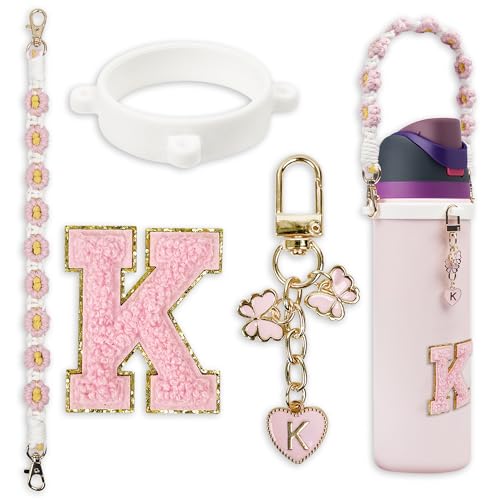 Cute Letter Charm Set with Secure Handle Strap, Silicone Ring, Monogram Sticker and Personalized Decoration for Owala Compatible Water Bottle, Travel Carry, School, Gift and Daily Use (Pink, K)