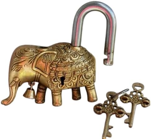 Handmade Decorative Brass Elephant Padlock with Antique Finish, Traditional Design with Keys