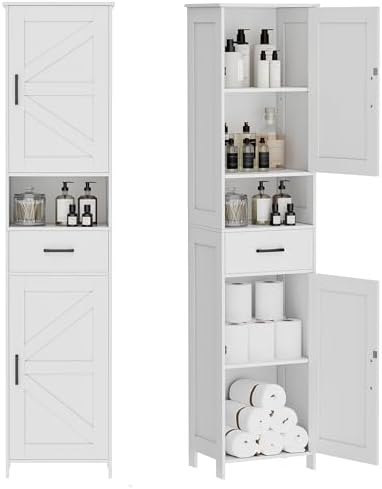 Homhedy 67" H Tall Bathroom Storage Cabinet with 2 Barn Doors and...