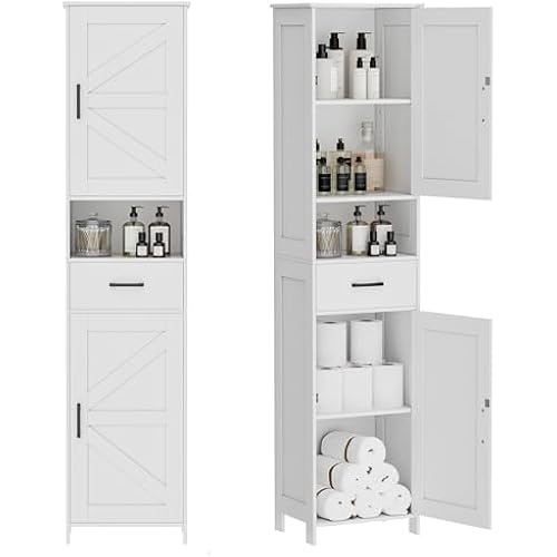 Homhedy 67" H Tall Bathroom Storage Cabinet with Barn Doors and Drawer