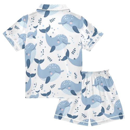 ALAZA Blue Painting Whale Pajamas Satin Pajama Set Short Sleeve Button Down Sleepwear2